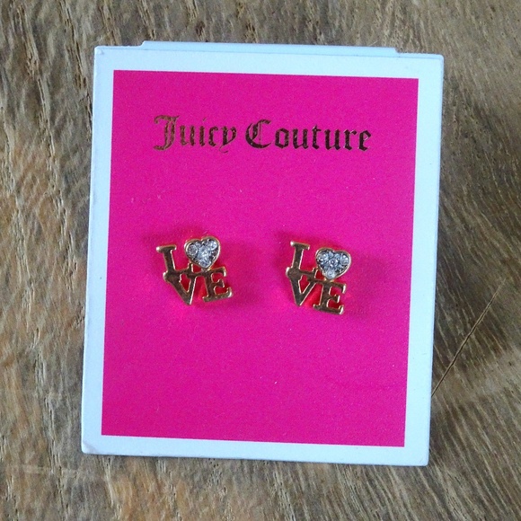 Juicy Couture LOVE Stud Earrings Gold Tone Y2K McBling Baddie Crystal CZ Hearts - Picture 3 of 5